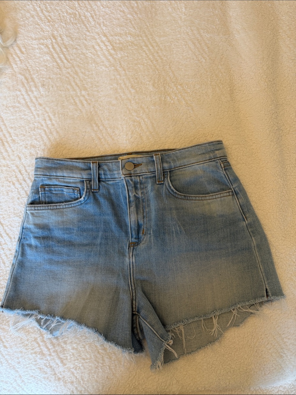 L'AGENCE Light Blue Frayed Hem Denim Shorts